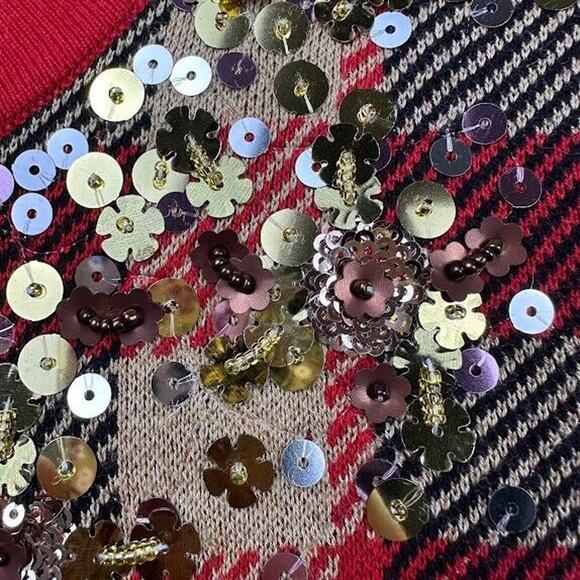 Charter Club Cardigan Sweater Womens Small Red Black Gold Plaid Sequin Holiday - Picture 6 of 7